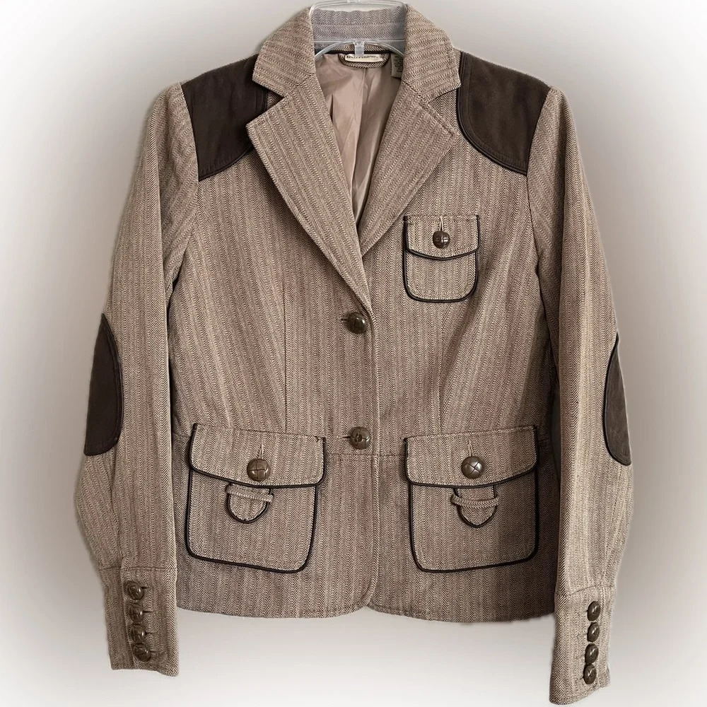 Rough Hewn 100% Cotton Tweed Lined Blazer, Faux Suede Patches, Buttons, Size S